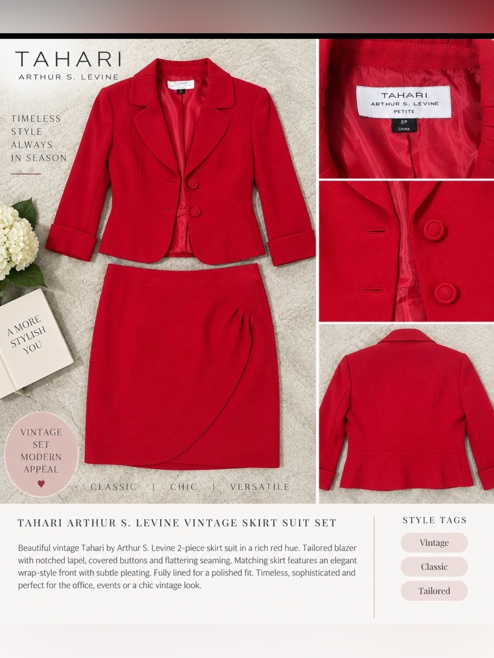 Tahari Arthur S. Levine Red Petite Blazer & Skirt Suit Set Size 6P